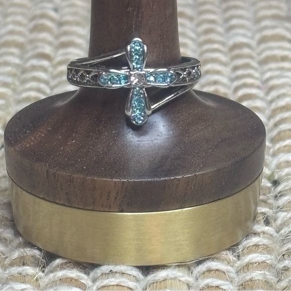 Blue and Clear CZ Silver Tone Cross Ring With God All Things are Possible Size 9 - Picture 1 of 9